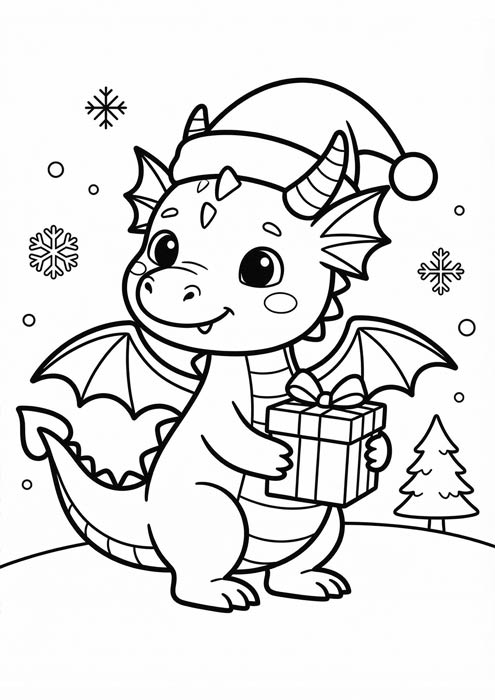 Niedlicher Drache mit Weihnachtsmütze und Geschenk als einfache Malvorlage.
