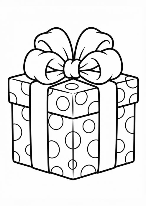 Quadratische Geschenkbox mit Punktemuster und großer Schleife als einfache Malvorlage.