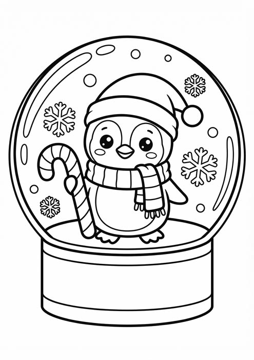 Niedlicher Pinguin mit Mütze und Zuckerstange in einer Schneekugel