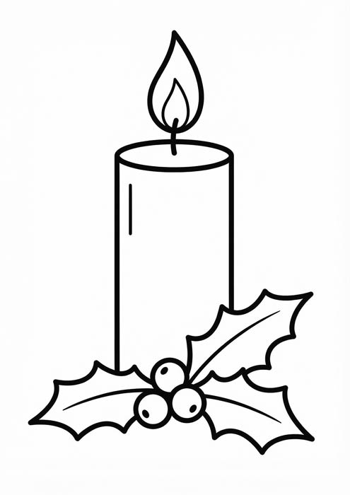 Schlichte brennende Kerze mit Stechpalmenblättern als einfache Malvorlage für Kinder