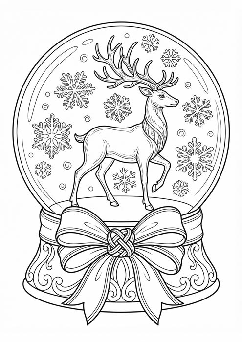 Elegante Schneekugel mit Hirsch und großer Schleife als Malvorlage.