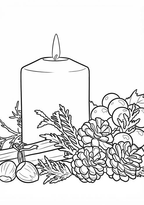 Dicke Weihnachtskerze dekoriert mit Tannenzapfen, Zimtstangen und Nüssen.