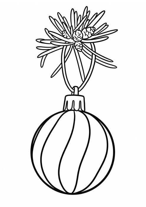 Gestreifte Christbaumkugel an einem Tannenzweig mit kleinen Zapfen zum Ausmalen