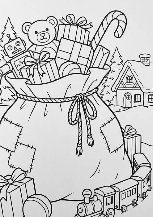 Großer Weihnachtssack mit Teddybär, Roboter und Eisenbahn zum Ausmalen