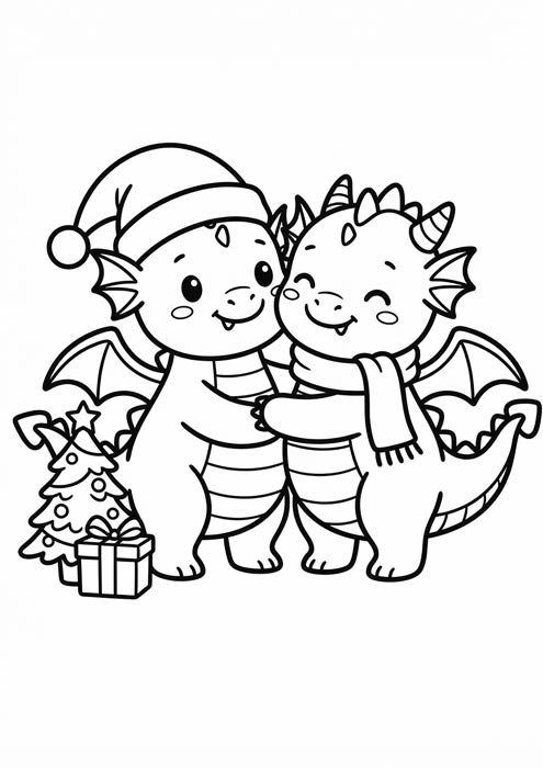 Zwei niedliche Drachen umarmen sich vor einem Weihnachtsbaum als Malvorlage