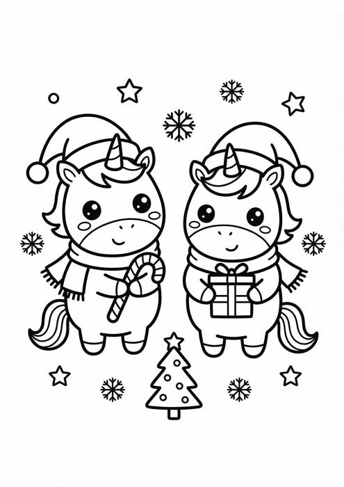 Zwei niedliche Einhörner mit Mütze, Zuckerstange und Geschenk als Malvorlage