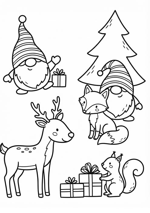 Weihnachtliche Malvorlage mit Wichteln, Fuchs, Reh und Eichhörnchen