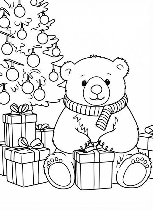 Niedlicher Teddybär mit Schal sitzt zwischen Geschenken vor dem Weihnachtsbaum