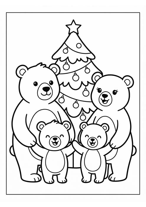 Glückliche Bärenfamilie mit zwei Kindern vor einem geschmückten Weihnachtsbaum.