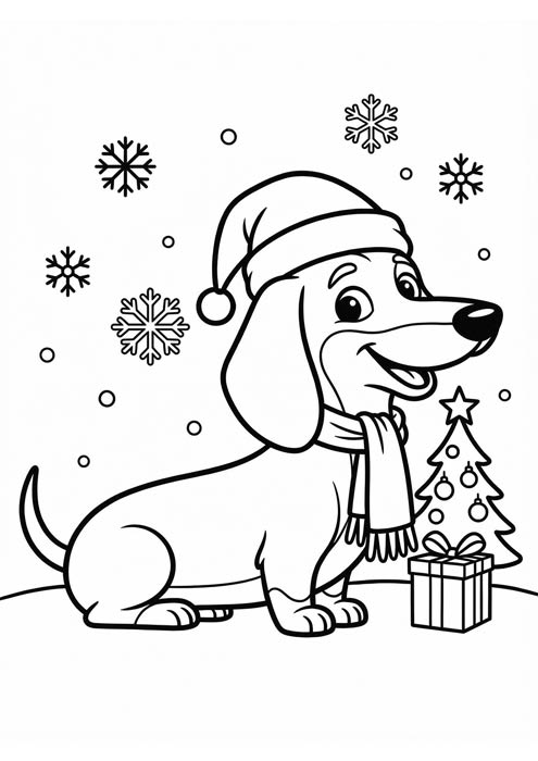 Fröhlicher Dackel mit Mütze und Schal im Schnee als Malvorlage