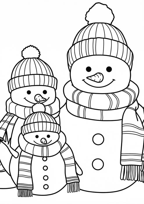 Drei lächelnde Schneemänner mit gestreiften Mützen und Schals als Malvorlage