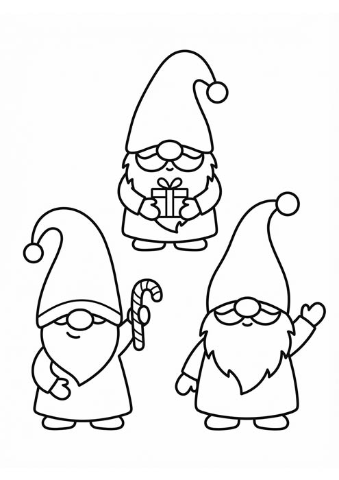 Drei niedliche Weihnachtswichtel mit Geschenk und Zuckerstange als Malvorlage.