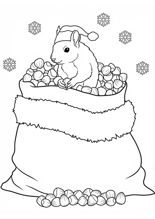 Niedliches Eichhörnchen mit Weihnachtsmütze sitzt in einem Sack voller Nüsse.