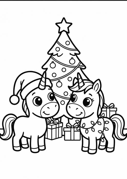 Zwei niedliche Einhörner vor einem geschmückten Weihnachtsbaum mit Geschenken