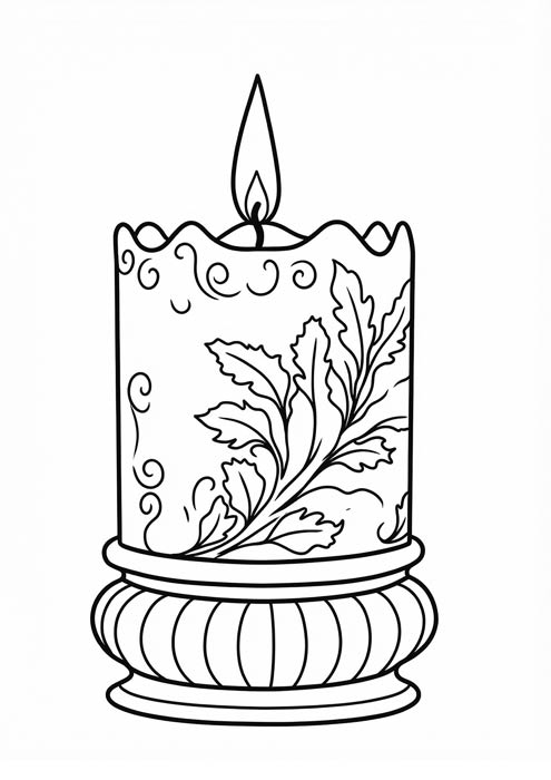 Brennende Kerze mit Blattmuster und Schnörkeln im Kerzenständer als Malvorlage.