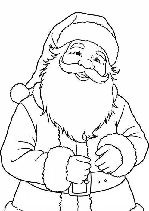 Lachender Weihnachtsmann mit großem Bart und Mütze als Malvorlage.