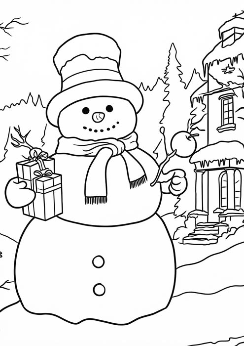 Großer Schneemann mit Zylinder, Schal und Geschenken vor einem verschneiten Haus