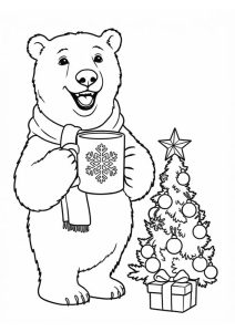 Lachender Eisbär mit Schal und Tasse neben einem Weihnachtsbaum.
