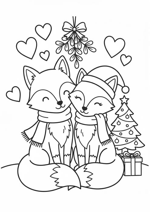 Verliebtes Fuchspärchen unter Mistelzweig mit Herzen und Weihnachtsbaum.
