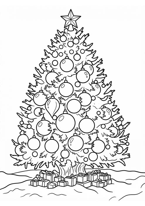 Großer geschmückter Weihnachtsbaum mit vielen Kugeln, Stern und Geschenken als Malvorlage.