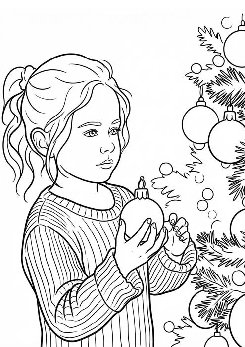 Mädchen hält Christbaumkugel vor geschmücktem Weihnachtsbaum als Malvorlage.