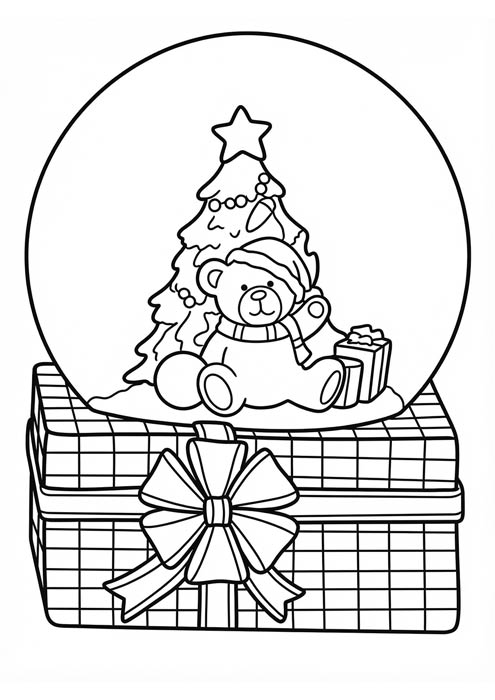 Schneekugel mit Teddybär und Tannenbaum auf einer Geschenkbox als Malvorlage.