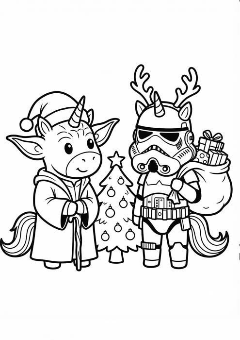Lustige Einhörner im Star Wars Kostüm als Yoda und Stormtrooper vor Weihnachtsbaum