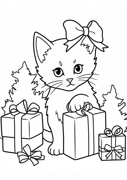 Niedliches Kätzchen mit Schleife sitzt zwischen vielen Weihnachtsgeschenken.