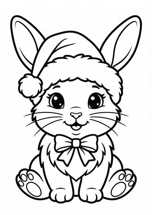 Hase mit Weihnachtsmütze und Schleife als einfache Malvorlage.