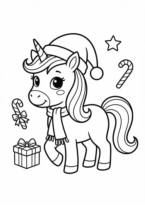 Niedliches Einhorn mit Mütze, Schal und Geschenk als einfache Malvorlage.