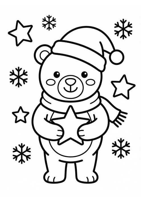 Niedlicher Bär mit Weihnachtsmütze und großem Stern als einfache Malvorlage.