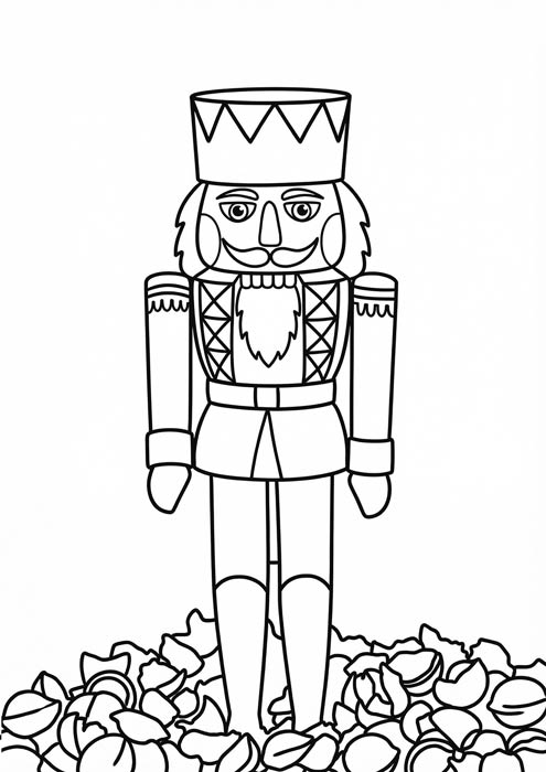 Stehender Nussknacker Soldat umgeben von vielen geknackten Nussschalen als Malvorlage.