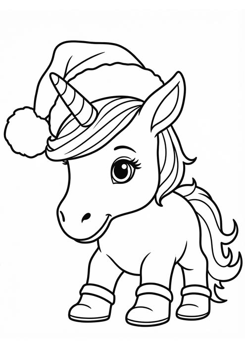 Niedliches Baby-Einhorn mit großer Weihnachtsmütze als einfache Malvorlage.