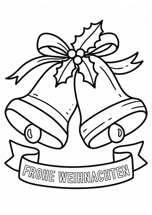Zwei Weihnachtsglocken mit Schleife und Banner Frohe Weihnachten zum Ausmalen.
