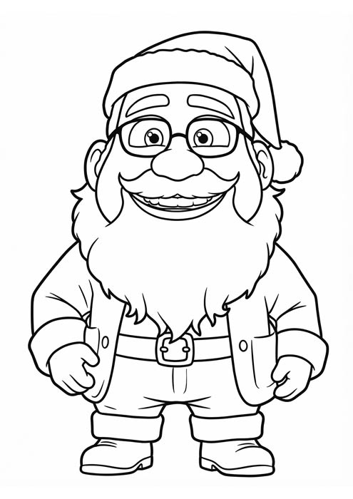 Lustiger Weihnachtsmann mit Brille und dickem Bart als Malvorlage.