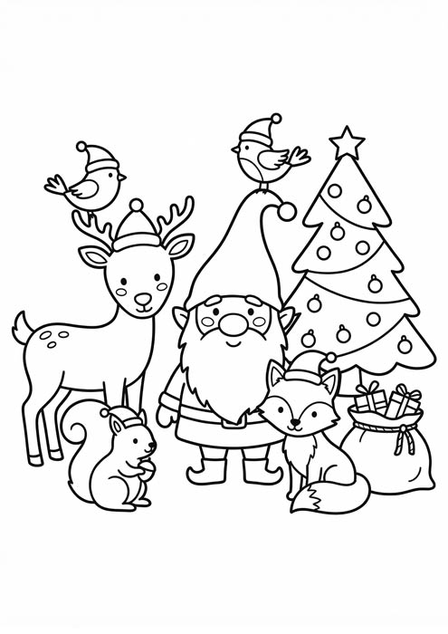 Weihnachtswichtel umgeben von Reh, Fuchs, Eichhörnchen und Vögeln vor Tannenbaum