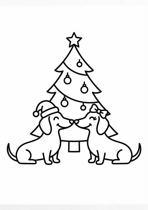 Zwei Dackel geben sich einen Kuss vor dem geschmückten Weihnachtsbaum.