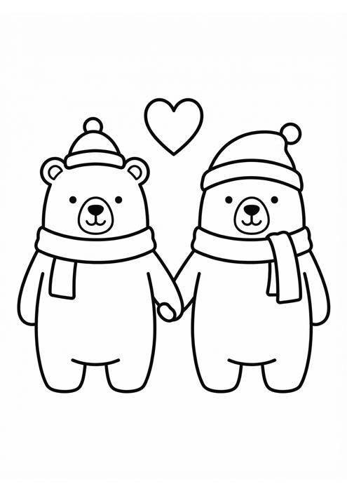 Zwei niedliche Eisbären mit Mütze und Schal halten Händchen unter einem Herz.