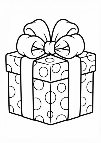 Quadratische Geschenkbox mit Punktemuster und großer Schleife als einfache Malvorlage.