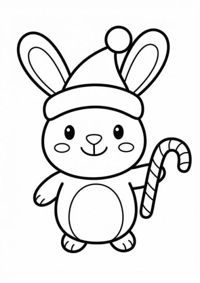 Niedlicher Hase mit Weihnachtsmütze und Zuckerstange als einfache Malvorlage.
