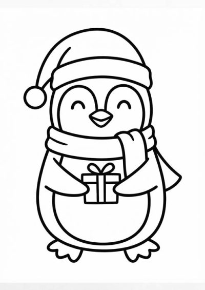 Niedlicher Pinguin mit Weihnachtsmütze, Schal und Geschenk als Malvorlage