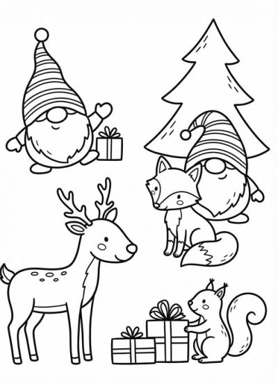 Weihnachtliche Malvorlage mit Wichteln, Fuchs, Reh und Eichhörnchen