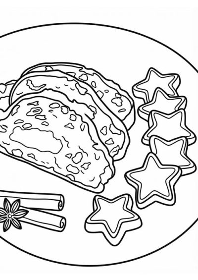 Teller mit Scheiben vom Christstollen, Sternkeksen, Zimtstangen und Sternanis als Malvorlage
