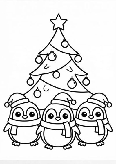 Drei niedliche Pinguine mit Mützen vor einem geschmückten Weihnachtsbaum