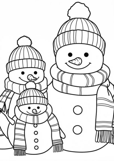 Drei lächelnde Schneemänner mit gestreiften Mützen und Schals als Malvorlage