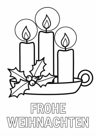 Drei brennende Kerzen im Kerzenständer mit Schriftzug Frohe Weihnachten