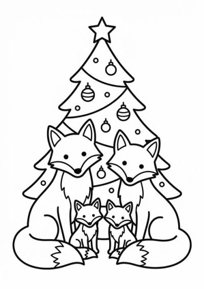 Glückliche Fuchsfamilie mit zwei Babys vor geschmücktem Weihnachtsbaum