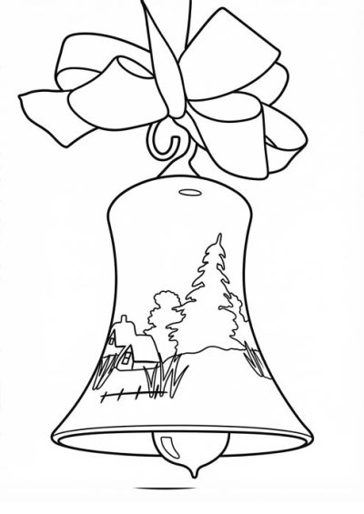 Weihnachtsglocke mit Schleife und Winterlandschaft-Motiv als Malvorlage