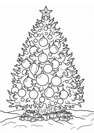 Großer geschmückter Weihnachtsbaum mit vielen Kugeln, Stern und Geschenken als Malvorlage.