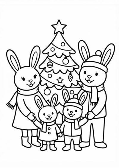 Glückliche Hasenfamilie mit zwei Kindern vor geschmücktem Weihnachtsbaum